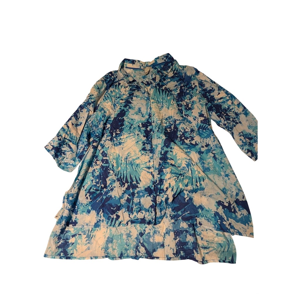 Catherines 3X Blue White Abstract Tie Dye Cotton Button Down‎ Tunic Blouse Top